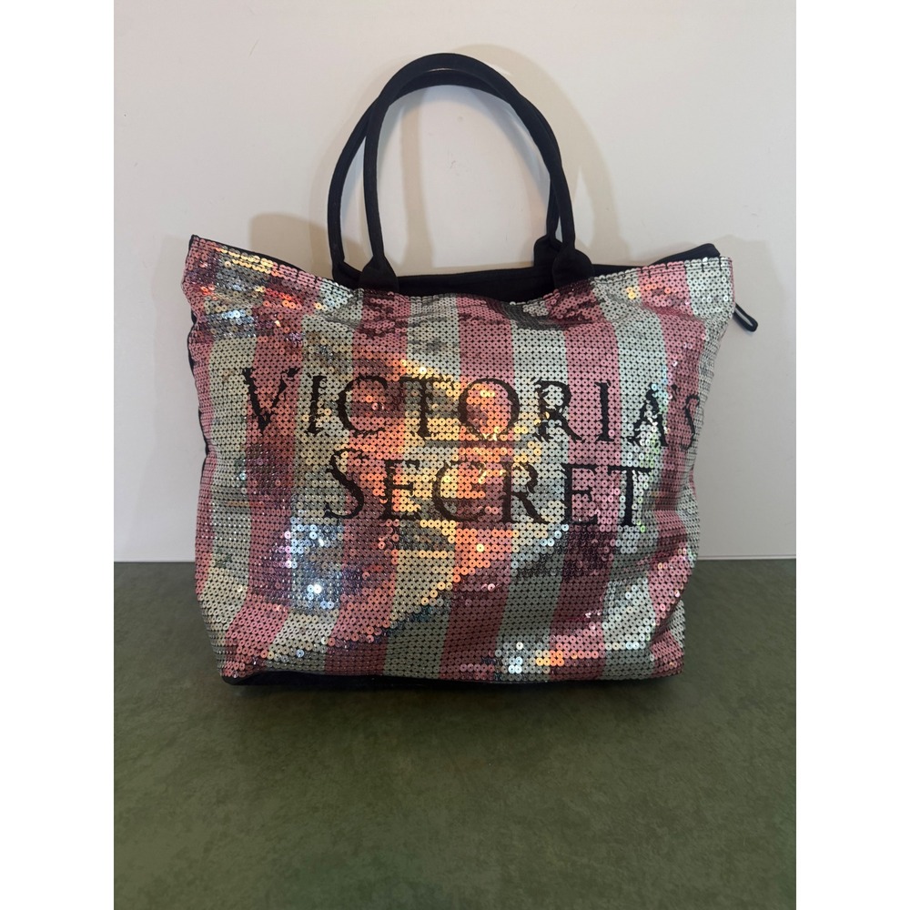 Victoria's Secret Sequin Stripe Tote Bag Pink Silver Black 11063603